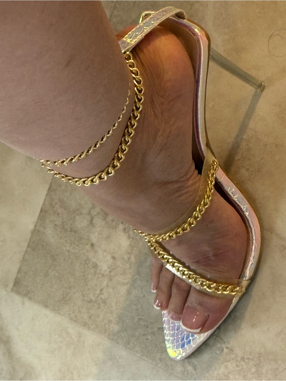 Iridescent Pink Chain-Trim Stiletto Sandals - Women